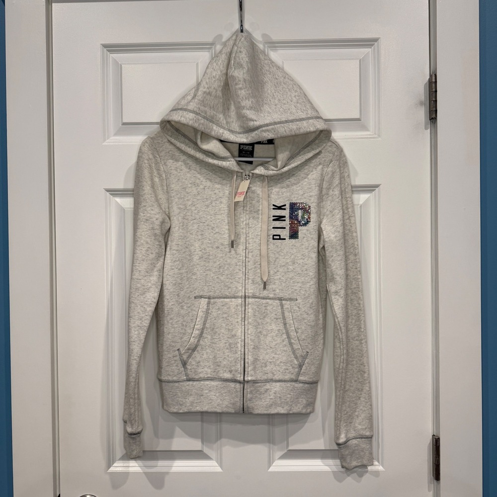 Victoria's Secret PINK Grey‎ Heather Sequin Love Pink Zip Up Hoodie Size XS